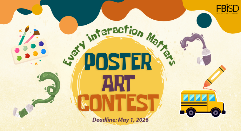  Colorful graphic promoting the 'Every Interaction Matters Poster Art Contest' with art supplies.
